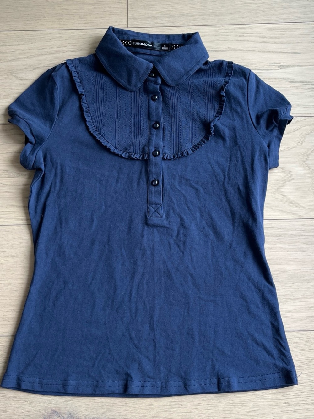 Navy Ruffle-Collar Polo Top